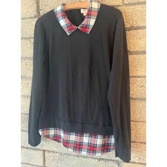 J.Crew Womens Black Sweater With Red/Blue Plaid Collar & Hem Size M 100% Cotton - Picture 2 of 9